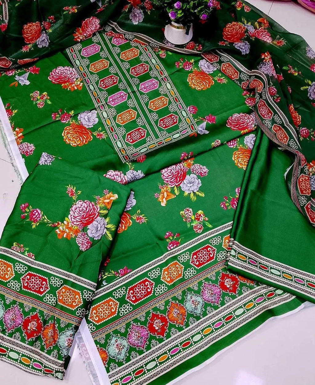 Green 3 Pcs Silky Printed Suit for Women Summer Collection