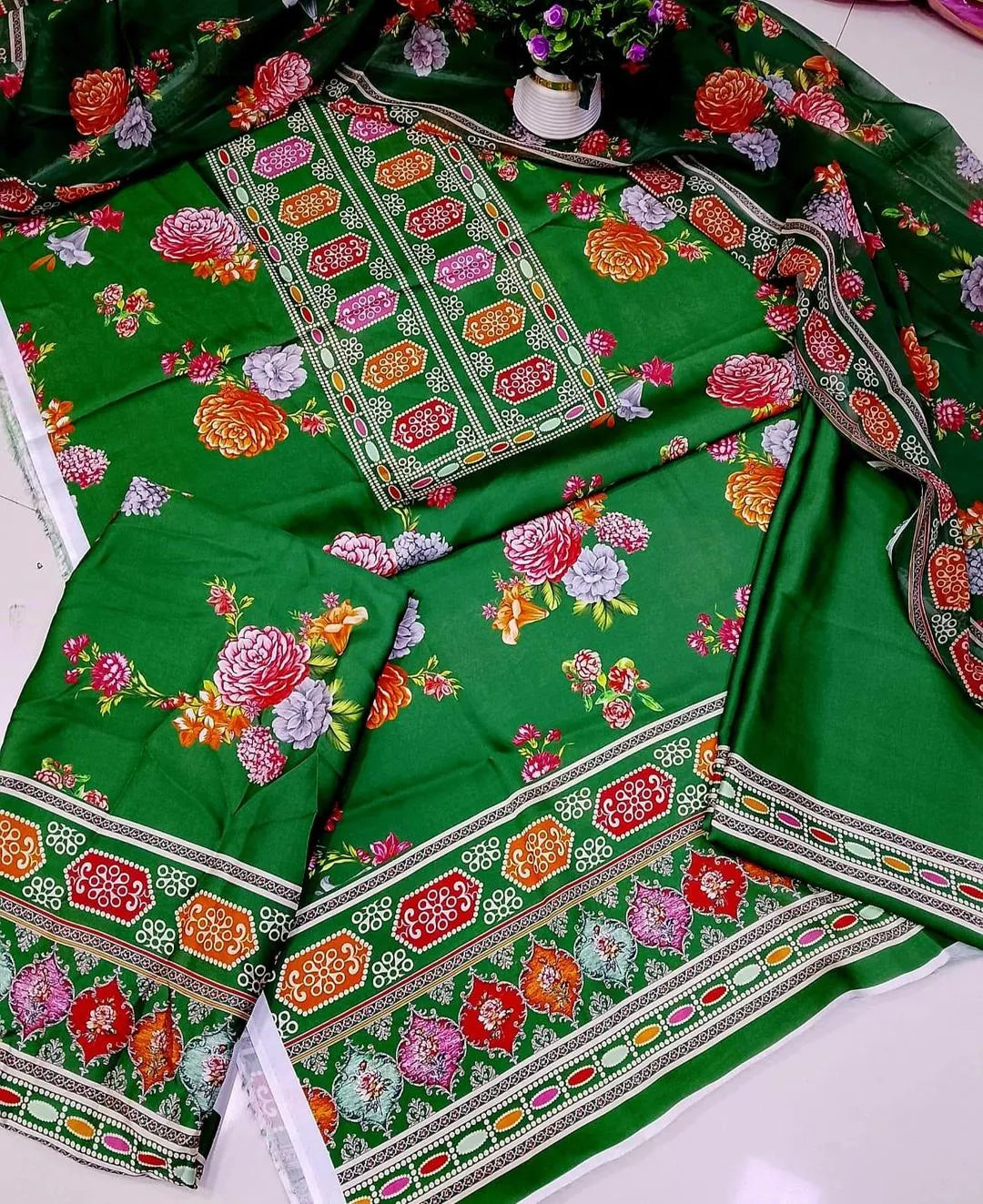 Green 3 Pcs Silky Printed Suit for Women Summer Collection
