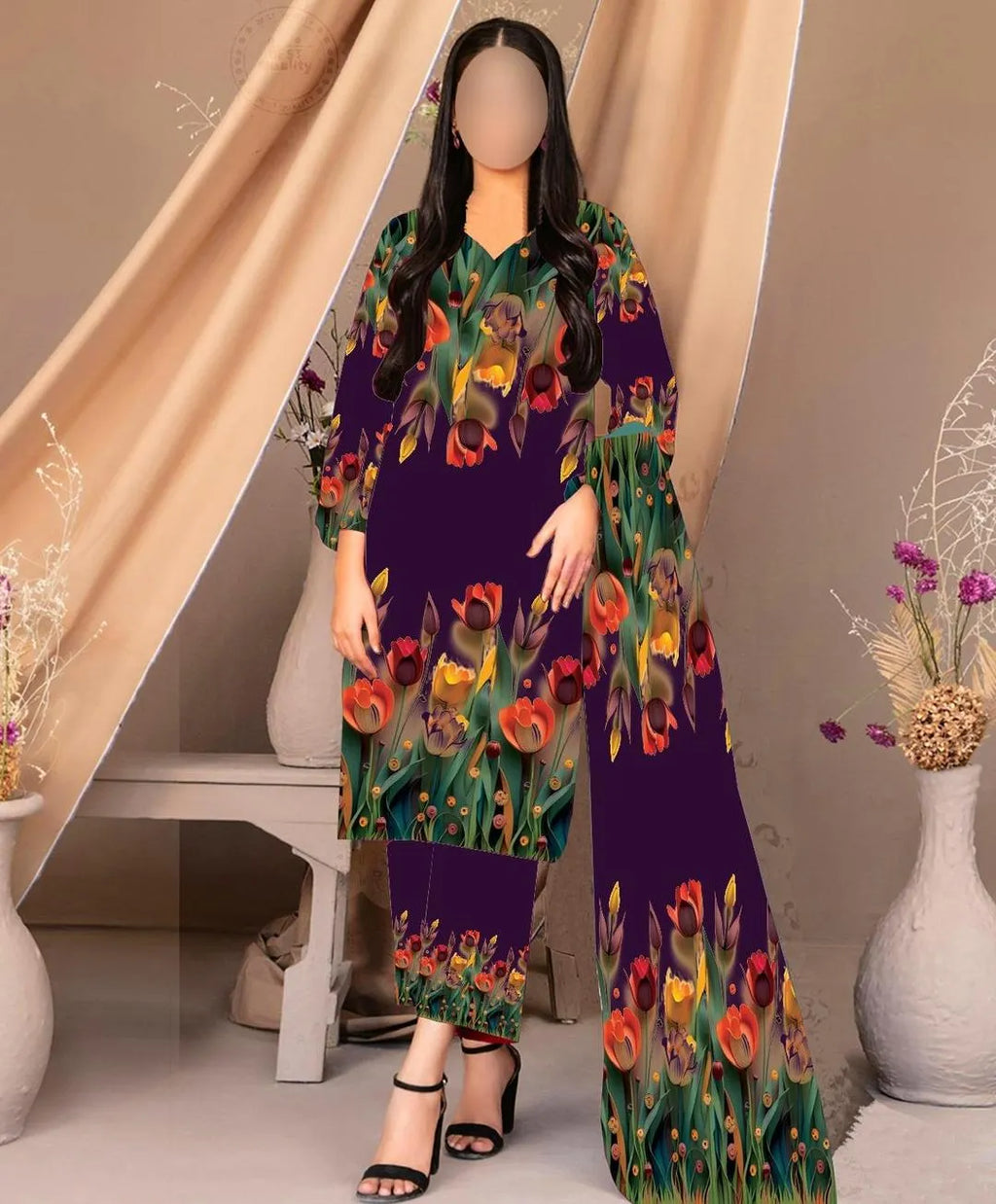 3 Pcs Silk Printed Suit Purple Summer Collection