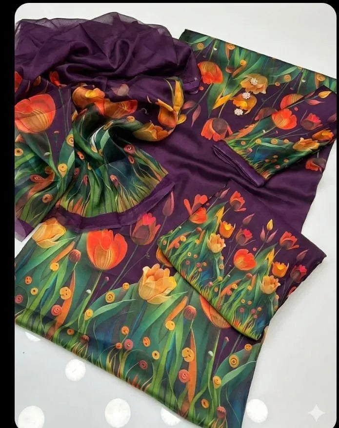 3 Pcs Silk Printed Suit Purple Summer Collection