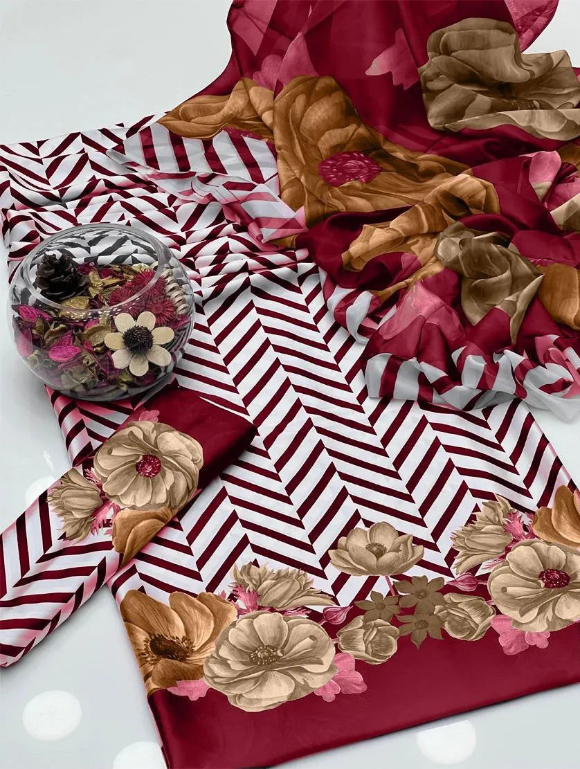 3 Pcs Silky Printed Suit Red Summer Collection