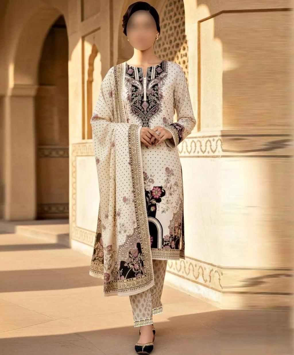 Women's 3-Piece Silk Suit Off-White Digital Print Wedding Eid
