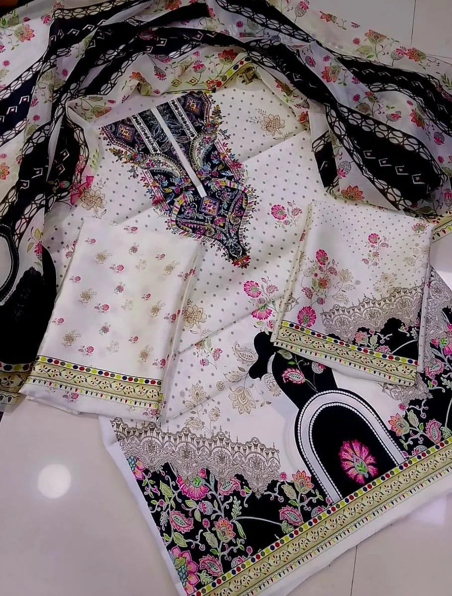 Women's 3-Piece Silk Suit Off-White Digital Print Wedding Eid