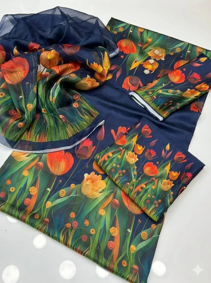 3 Pcs Silky Printed Suit for Women Multicolor Summer Collection