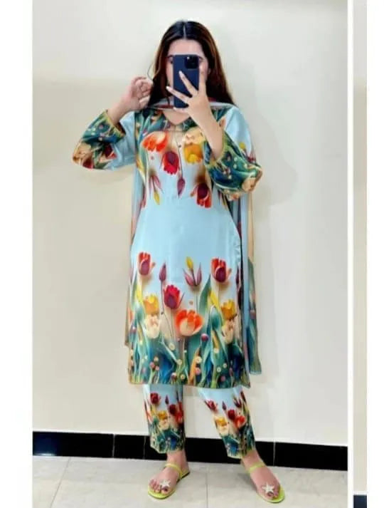Women's 3-Piece Silk Tulip Suit Multicolor Summer Eid Wear