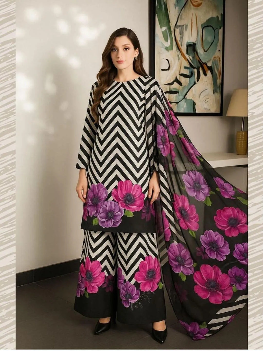 Women's 3-Piece Silk Suit Black White Zigzag Pink Anemone Flowers