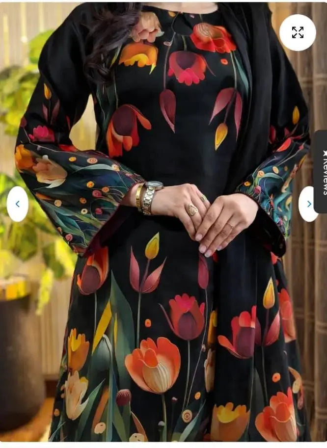Unstitched Digital Printed Swiss Lawn 3 Piece Suit for Women | Floral Printed Swiss Lawn Shirt & Trouser with Poly Silk Dupatta | Summer Lawn Collection