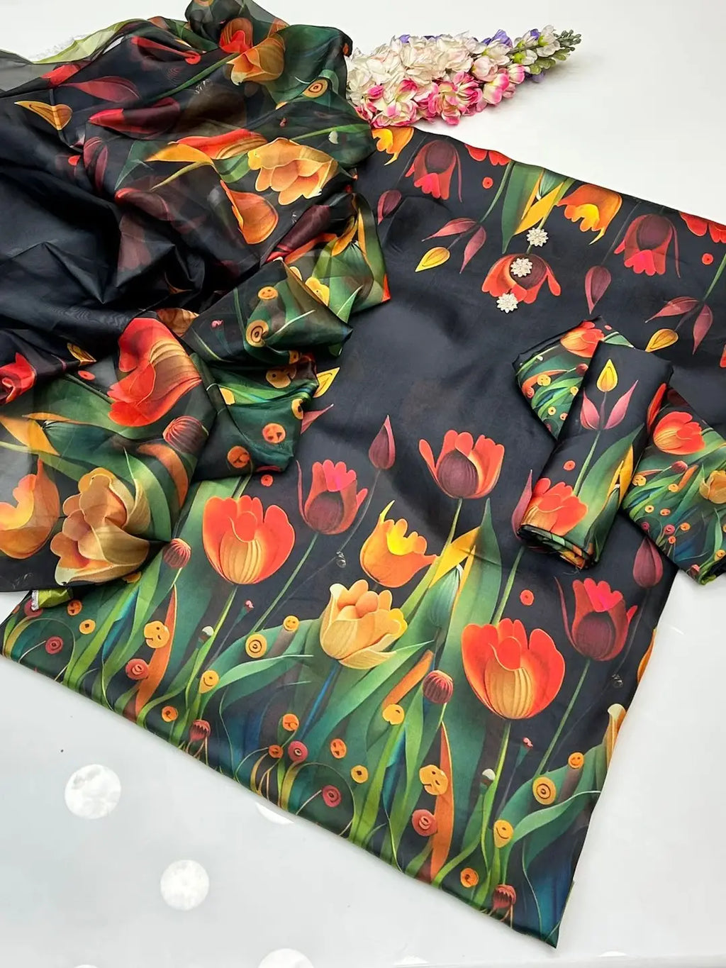 Unstitched Digital Printed Swiss Lawn 3 Piece Suit for Women | Floral Printed Swiss Lawn Shirt & Trouser with Poly Silk Dupatta | Summer Lawn Collection