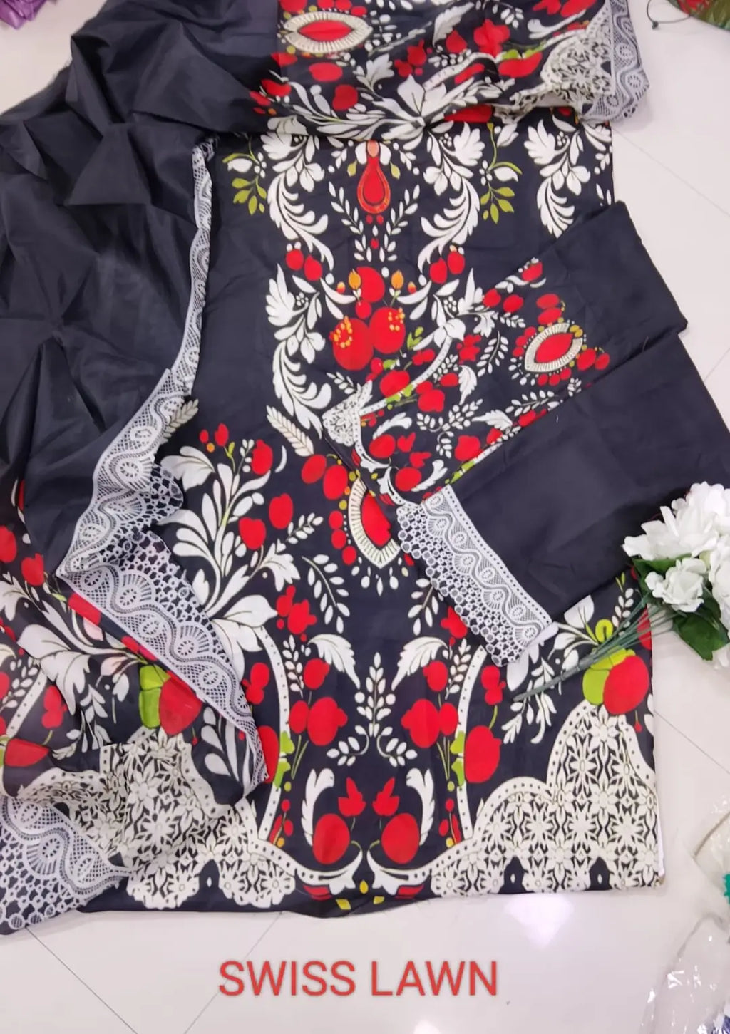 Unstitched Digital Printed Swiss Lawn 3 Piece Suit for Women | Floral Printed Swiss Lawn Shirt & Trouser with Poly Silk Dupatta | Summer Lawn Collection