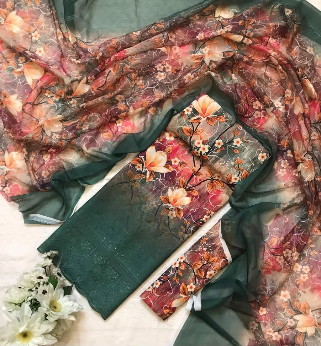 Chicken Kari Swiss Lawn 3 Piece Suit for Women | Digital Printed Lawn Dress with Aari Embroidered Chiffon Dupatta | Unstitched Summer Collection
