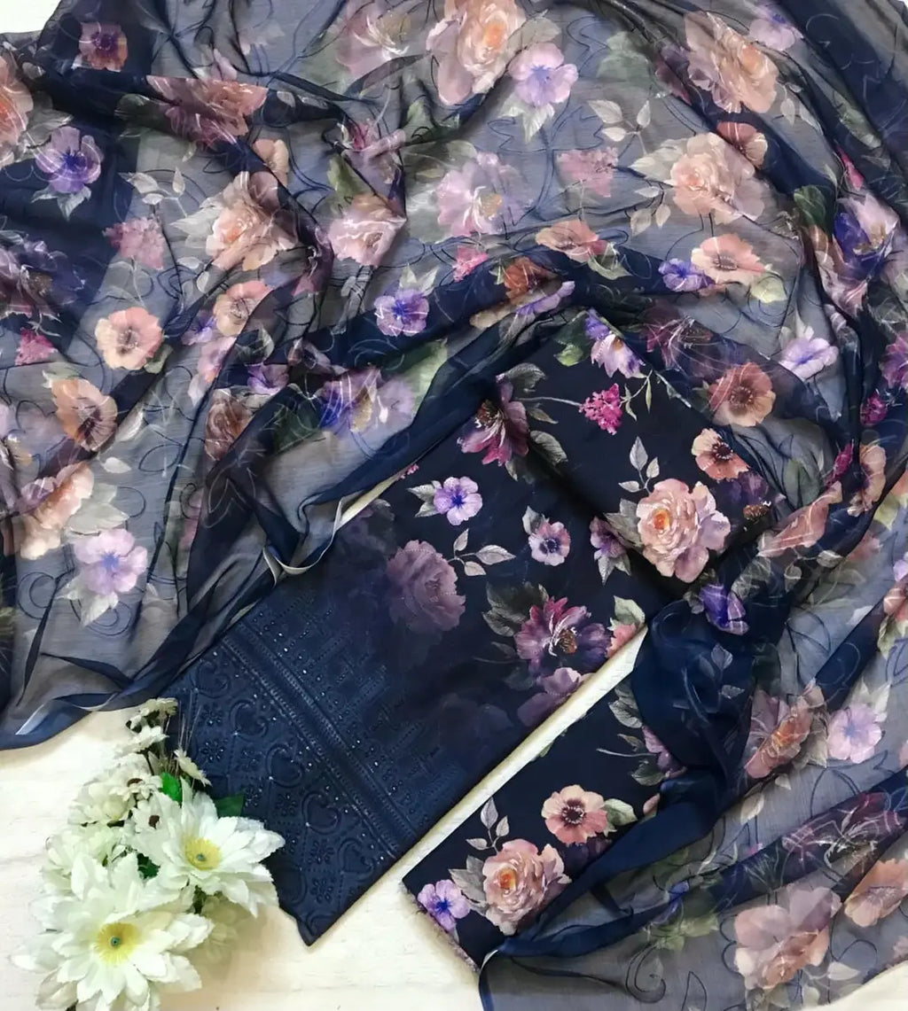 Chicken Kari Swiss Lawn 3 Piece Suit for Women | Digital Printed Lawn Dress with Aari Embroidered Chiffon Dupatta | Unstitched Summer Collection
