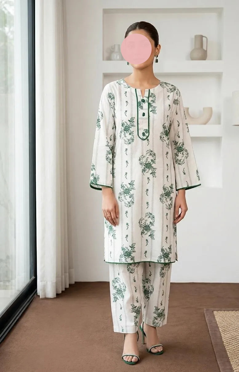 White Printed Arabic Lawn Kurta Set for Women 2 Pcs