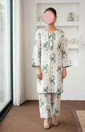 White Printed Arabic Lawn Kurta Set for Women 2 Pcs