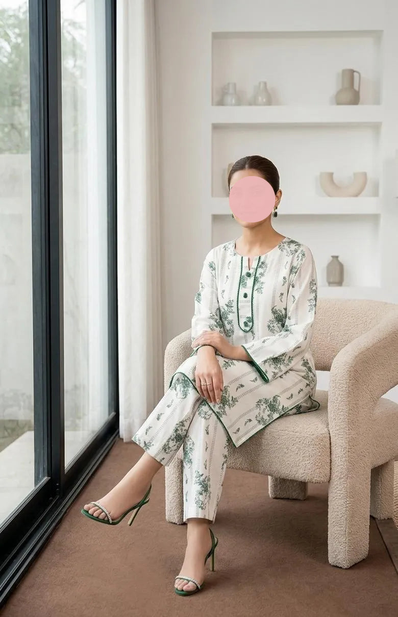 White Printed Arabic Lawn Kurta Set for Women 2 Pcs