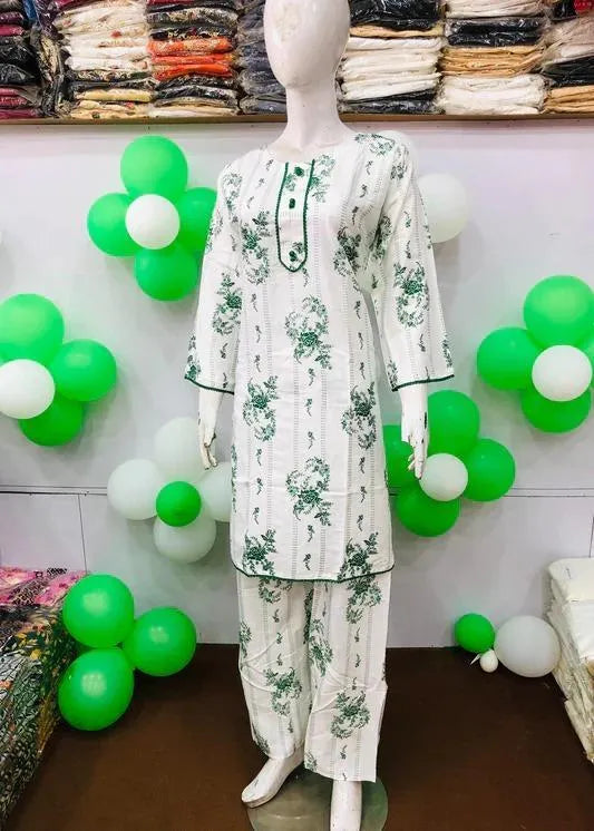 White Printed Arabic Lawn Kurta Set for Women 2 Pcs