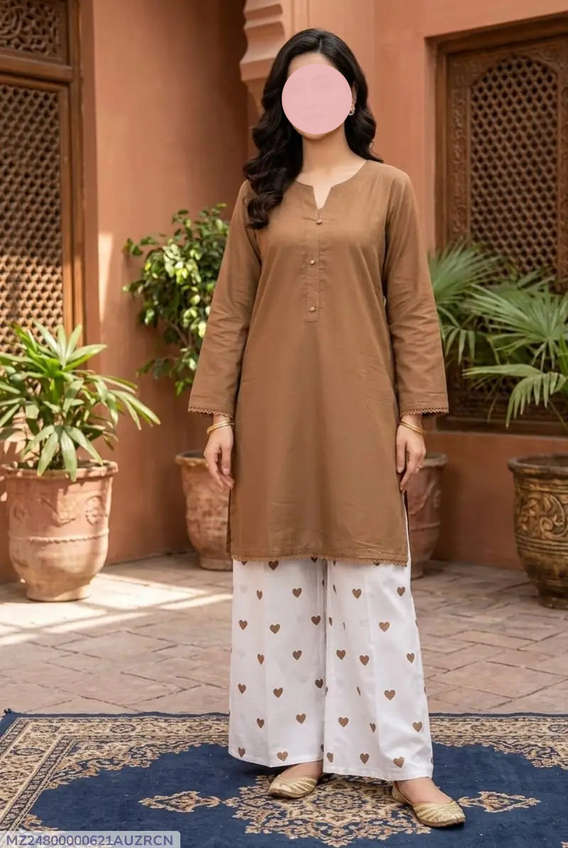 Trending 2 Pcs Women's Stitched Cotton heart style Shirt And printedTrouser