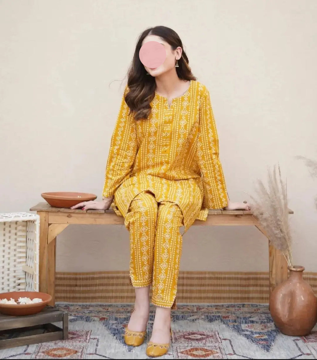 2 Pcs Women's Stitched Linen Block Printed Shirt And Trouser