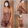 2 Pcs Women's Stitched Silk Lace-Work Night Suit / Imported Short Nighty (Top & Short)