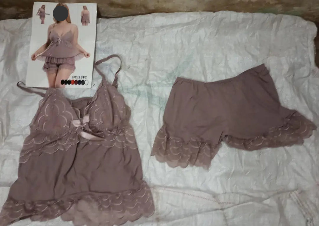 2 Pcs Women's Stitched Silk Lace-Work Night Suit / Imported Short Nighty (Top & Short)