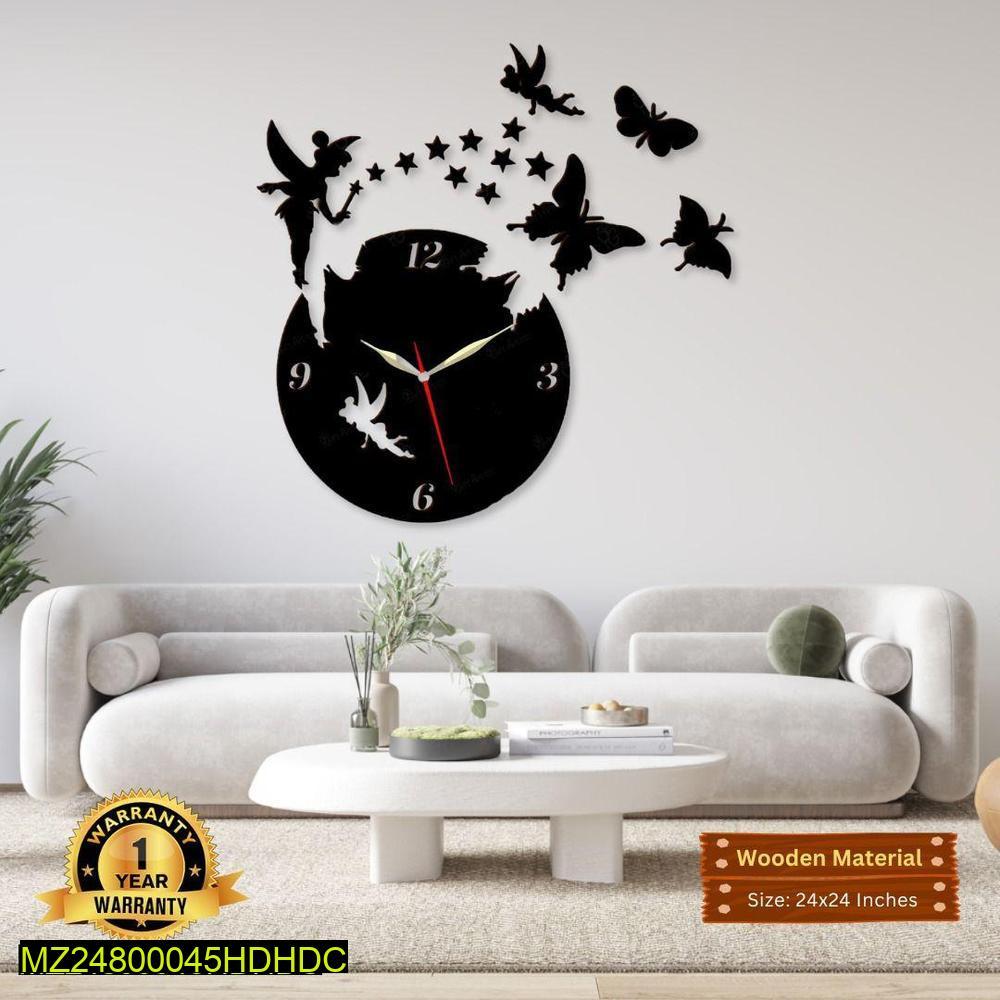 Black Fairy Butterfly Wall Clock 24x24 MDF