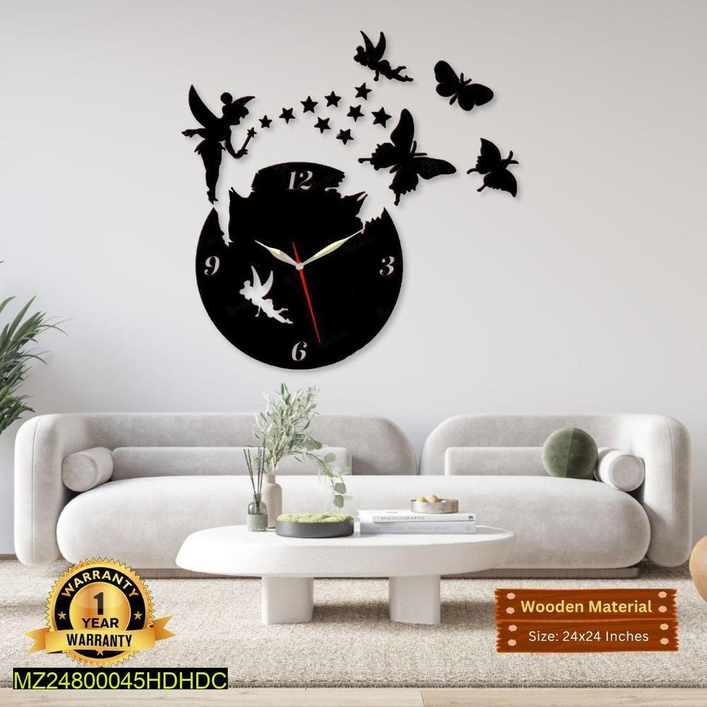 Black Fairy Butterfly Wall Clock 24x24 MDF