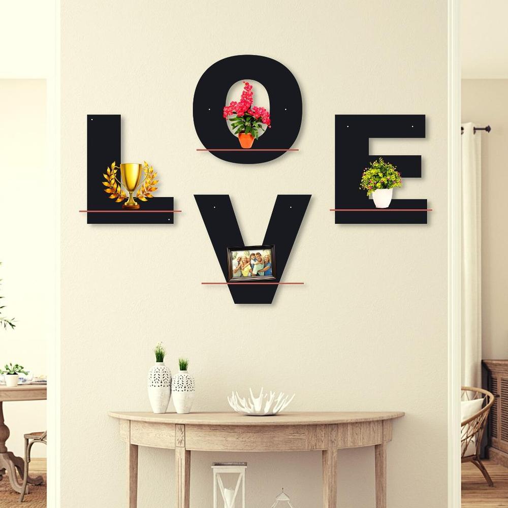 Love Wall Art Set of 4 MDF Shelves Black