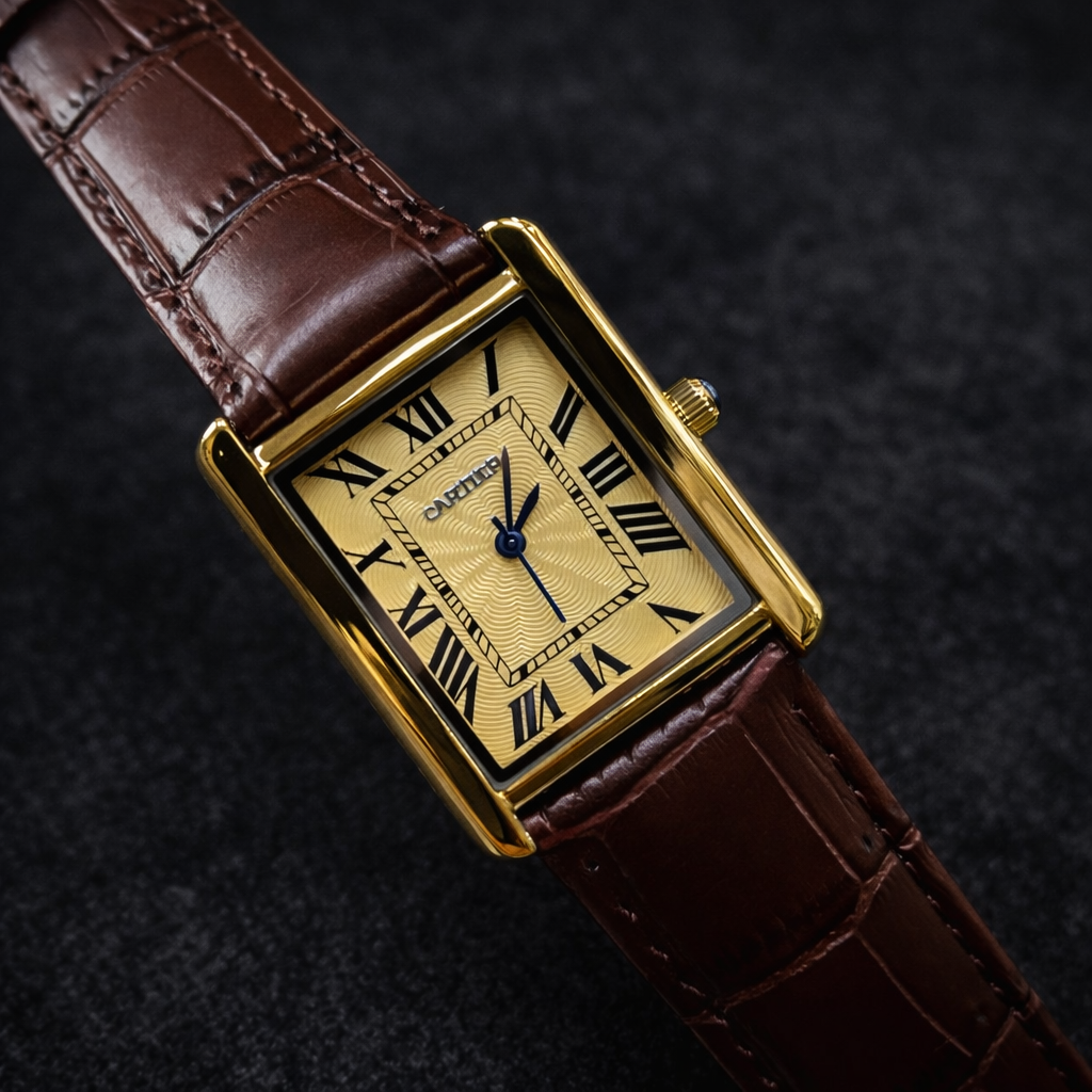 Cartier Style Rectangular Analog Watch for Men – Brown Leather Strap | Quartz Wrist Watch - Golden Silver