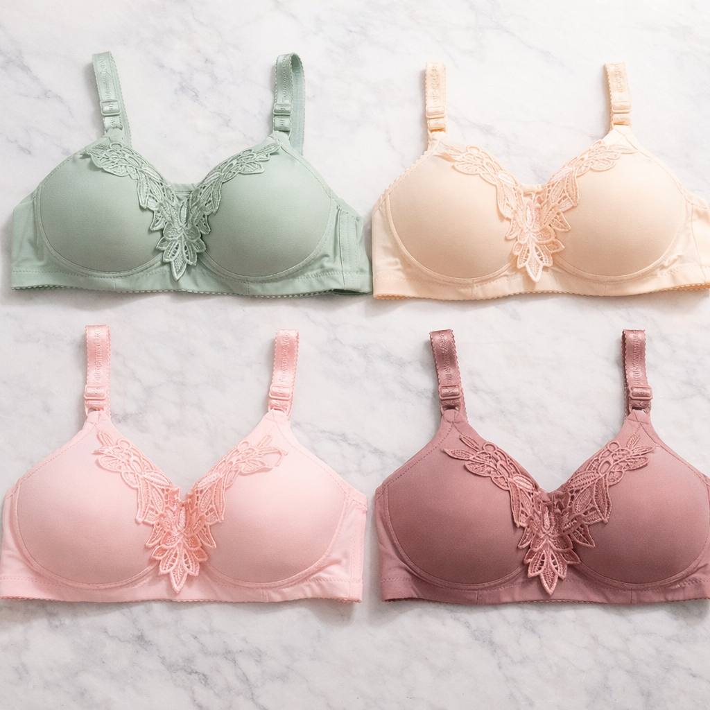 Mid Flower Style Premium Padded Comfort Bra – Soft Nylon Seamless Daily Underwire Lingerie, Random Color - Size 38