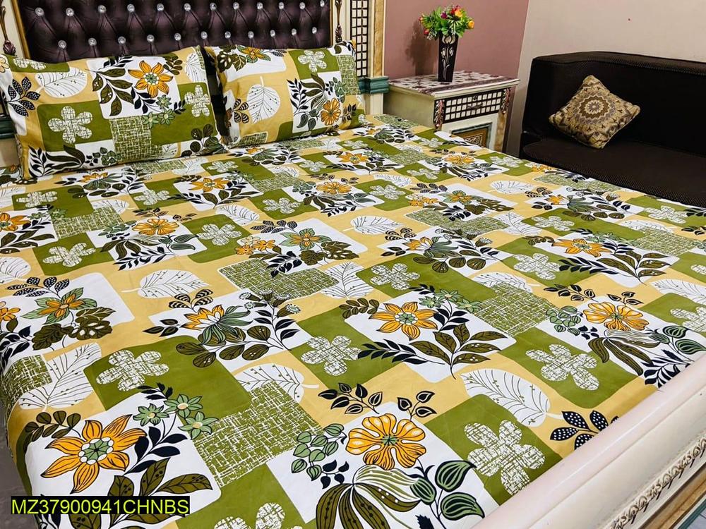 Premium Cotton Printed Double Bedsheet Set Green Yellow Floral