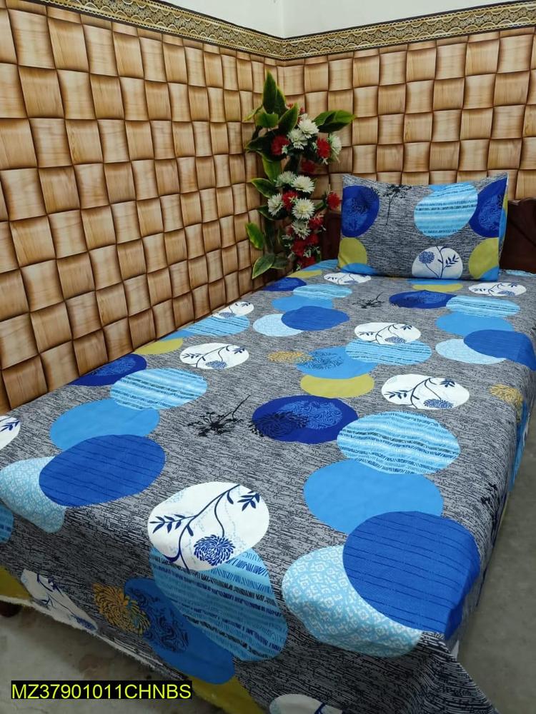 Premium Cotton Printed Single Bedsheet Set Blue White Circular
