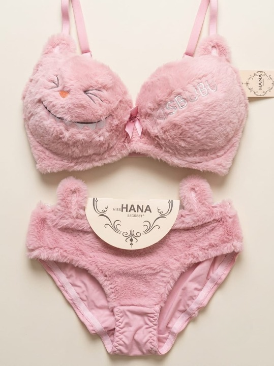 Cute Fur Style Double Padded Woolen Bikini Set – Soft Pink Plush Bra & Panty Lingerie Set - Size 38