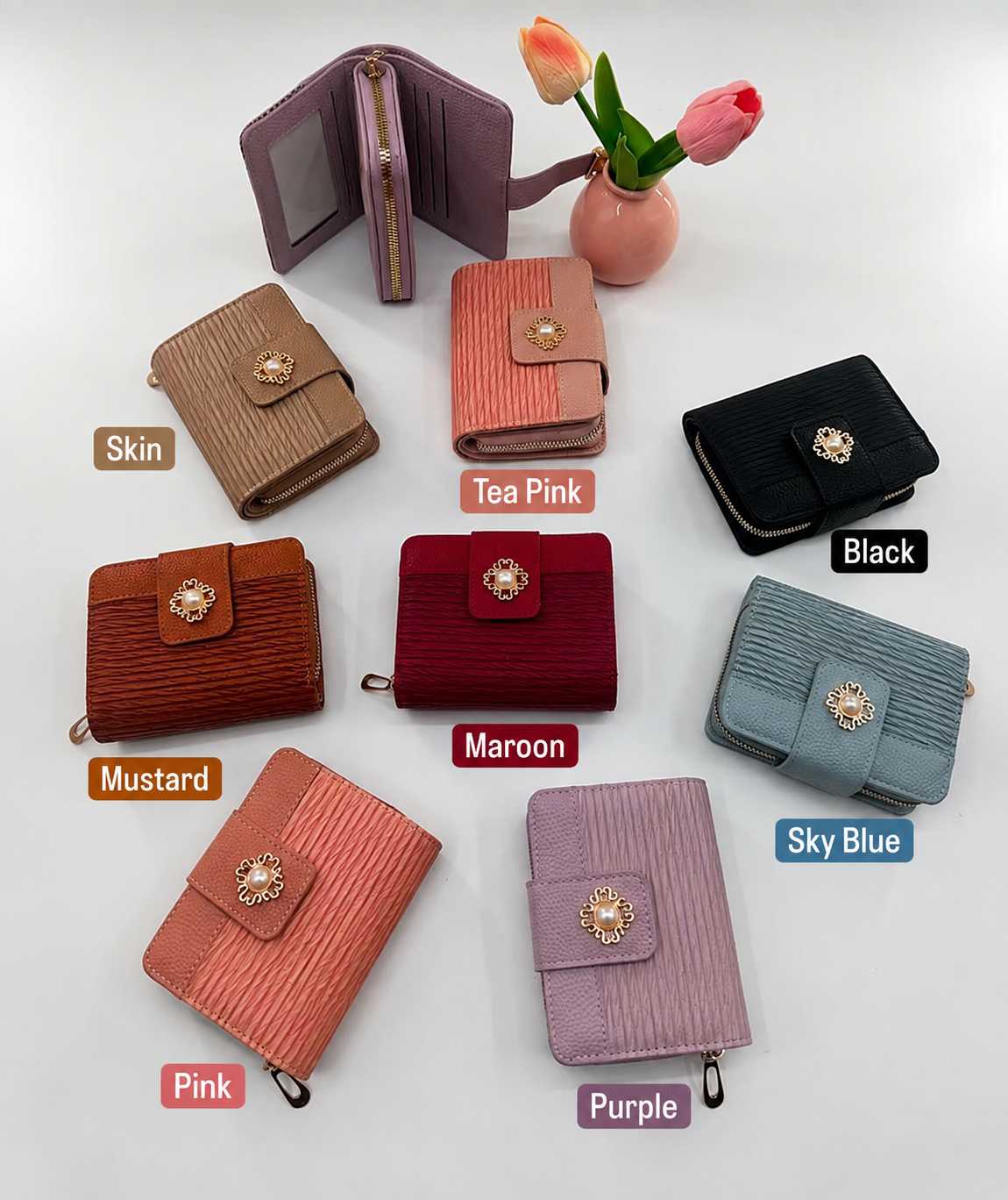 Premium Imported Ladies Check Flap Wallet with Zipper & Card Slots - Skin