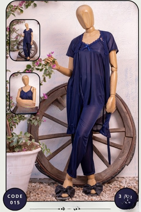 Luxury Silk 3-Piece Nightwear Set for Women – Free Size – Premium Satin Robe & Pajama Suit (SKU: R-015) - Red