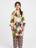 Girls Beige Printed Stitched Co Ord Set With Long Sleeve Shirt And Matching Trouser - Size 7-8