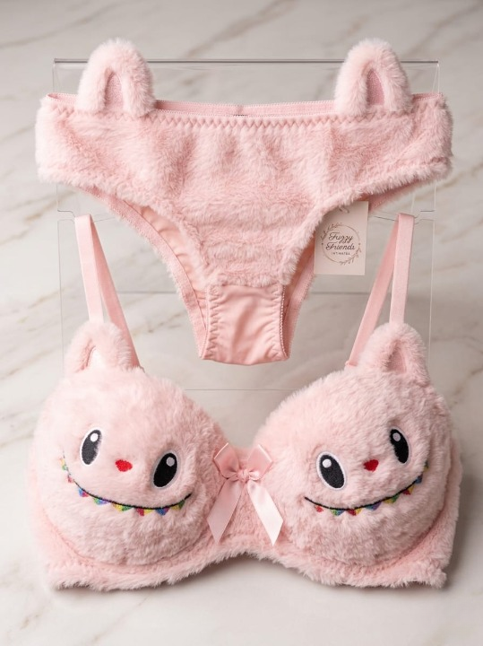 2 PCs Labubu Style Cute Double Padded Bra & Panty Set for Women – Soft Wool Material, Comfortable Lingerie Set (Size 38 Random Color)