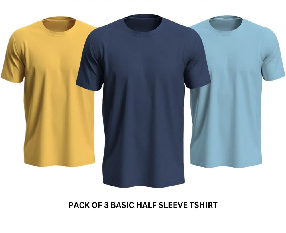 Pack of 3 Premium Half Sleeves Round Neck Plain Color T-Shirts for Men & Boys – Soft Comfortable Fabric (Size Medium)