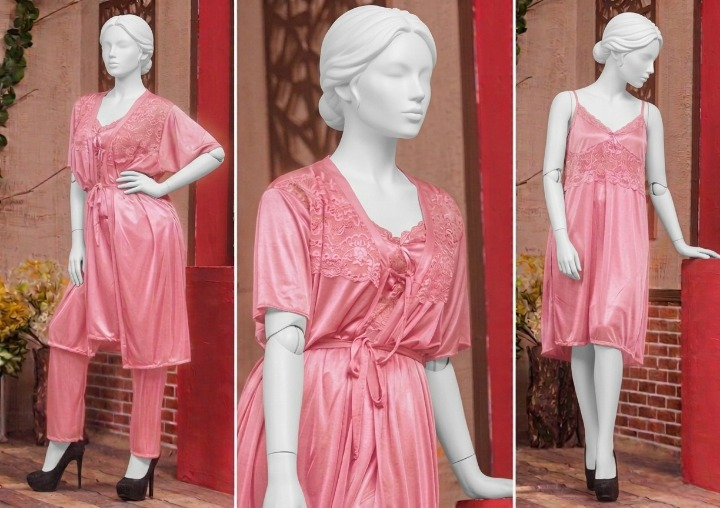 3 Pcs Luxury Silk Nightwear Set with Lace Trim – Satin Sleepwear for Women SKU R-008 (Color Red Free Size)