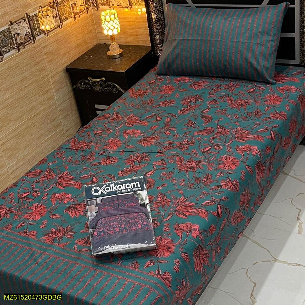 Cotton Salonica Printed Single Bedsheet Set Green Red Floral