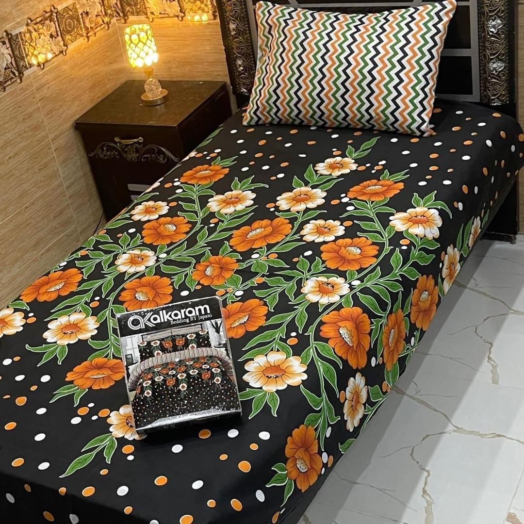 Single Bed Cotton Printed Bedding Set Black Floral 4 Pcs