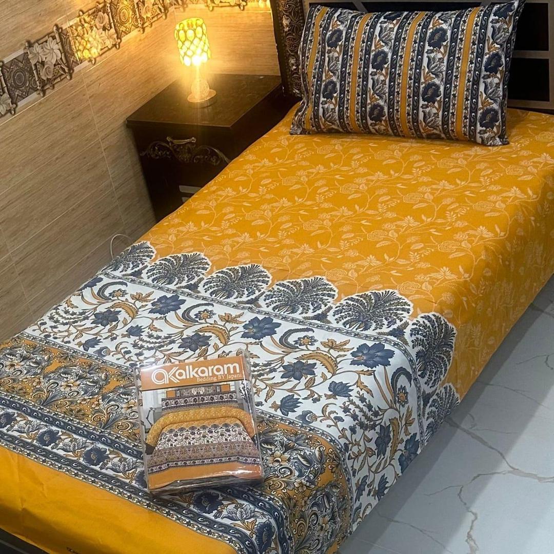Cotton Salonica Bedsheet Set Mustard Blue Gold Floral Single
