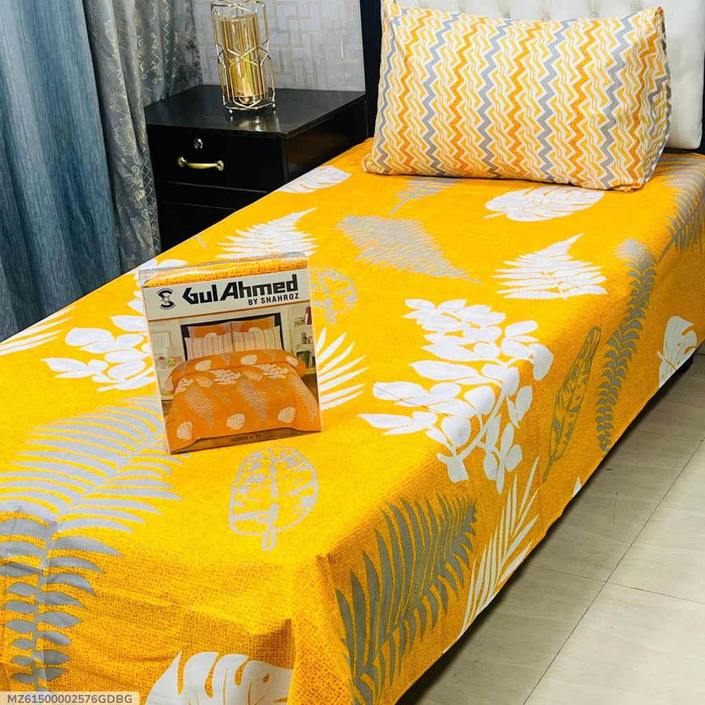 Yellow Cotton Printed Single Bedsheet Set 4 Pcs
