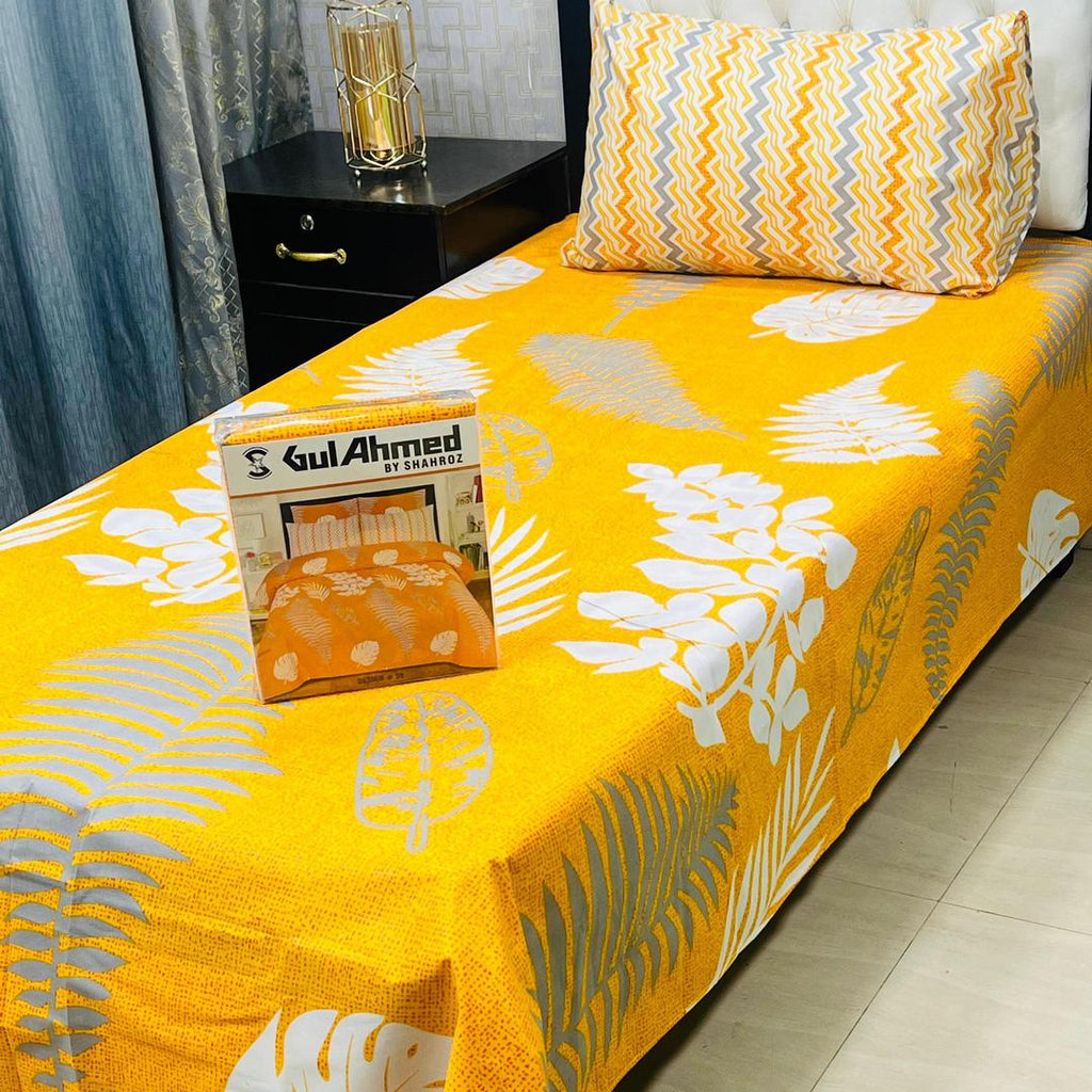Yellow Cotton Printed Single Bedsheet Set 4 Pcs