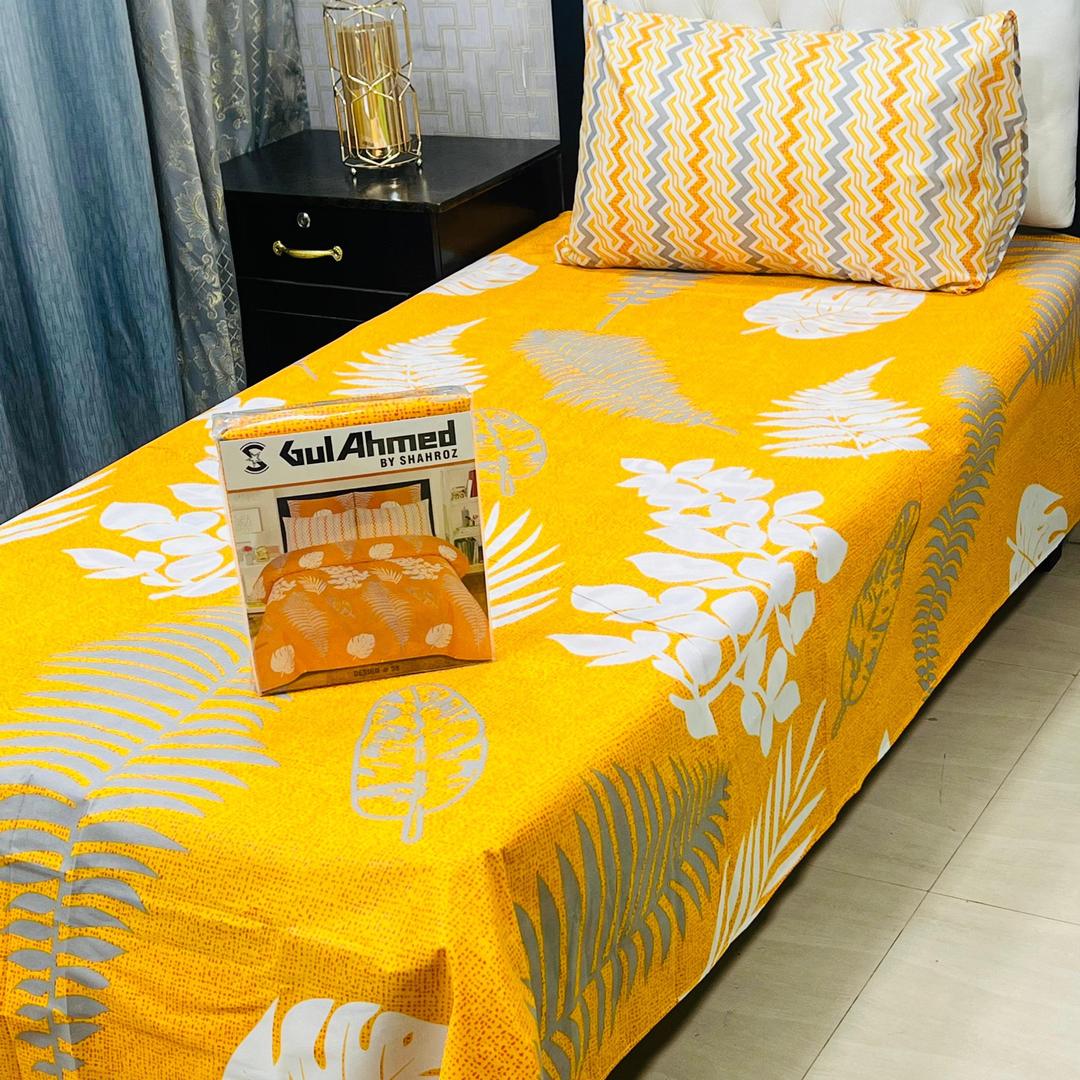 Yellow Cotton Printed Single Bedsheet Set 4 Pcs