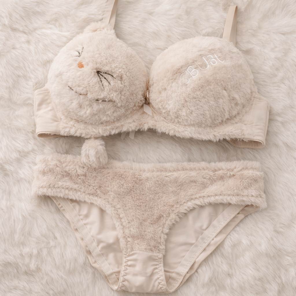 Cute Fur Style Double Padded Woolen Bikini Set – Soft Beige Plush Bra & Panty Lingerie Set - Size 38