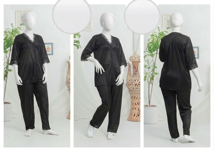 Women’s Luxury Silk Satin Pajama Set with Elegant Lace Trim SKU  R-010  (Color Black Free Size)