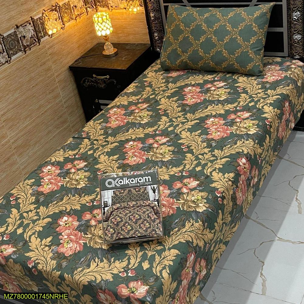 Cotton Printed Single Bedsheet Green 4Pcs Set