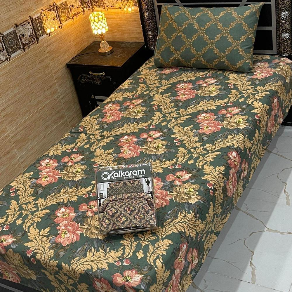 Cotton Printed Single Bedsheet Green 4Pcs Set