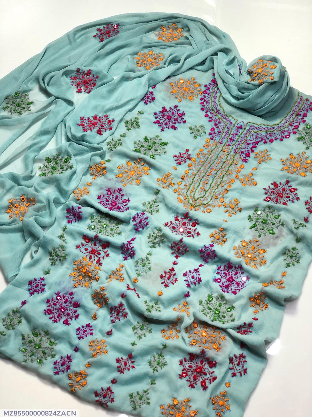 Hand Embroidered Chiffon Suit for Women Orange Green Magenta