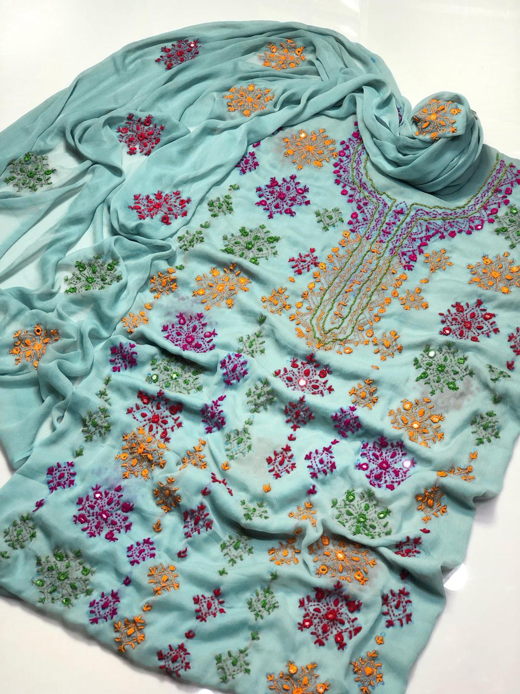 Hand Embroidered Chiffon Suit for Women Orange Green Magenta