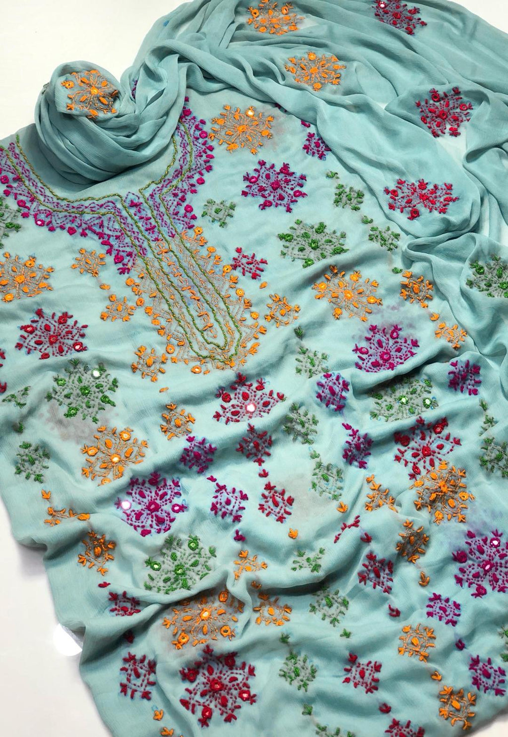 Hand Embroidered Chiffon Suit for Women Orange Green Magenta